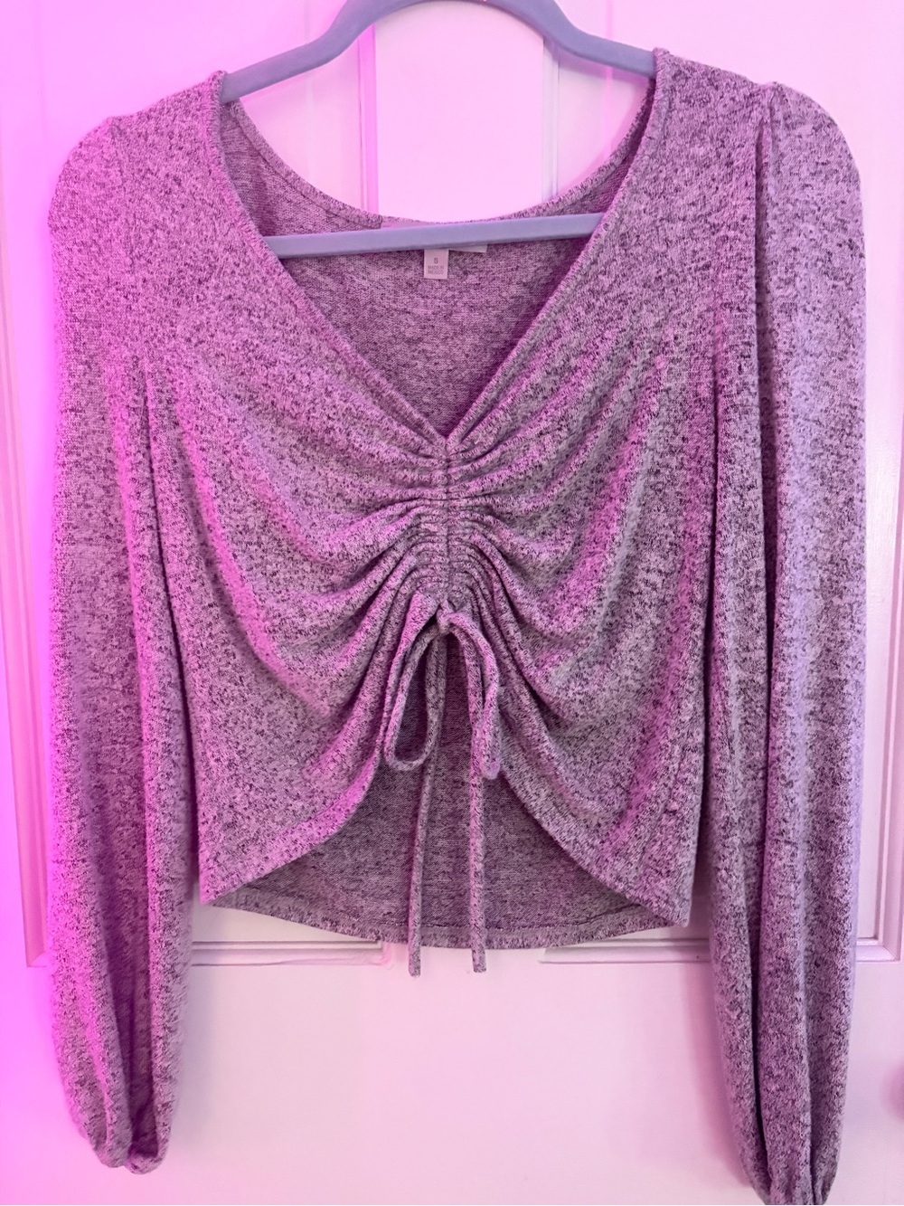 gaze Heathered Mauve Cropped Drawstring Front Long-Sleeve Top